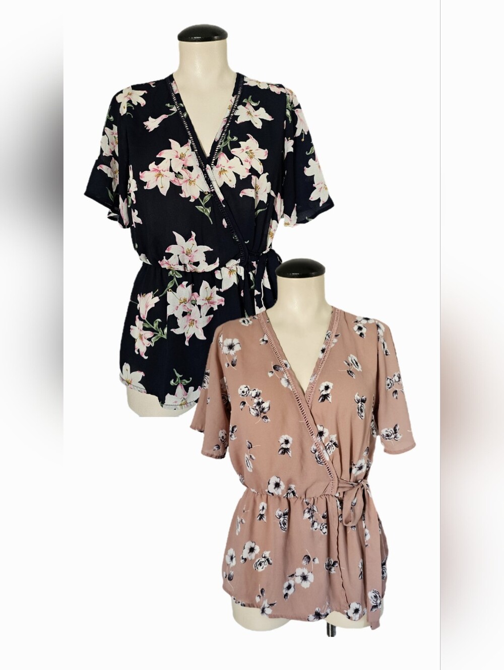 Bundle Of 2 Sienna Sky Floral Wrap Short Sleeve Blouses - Black & Pink Size S